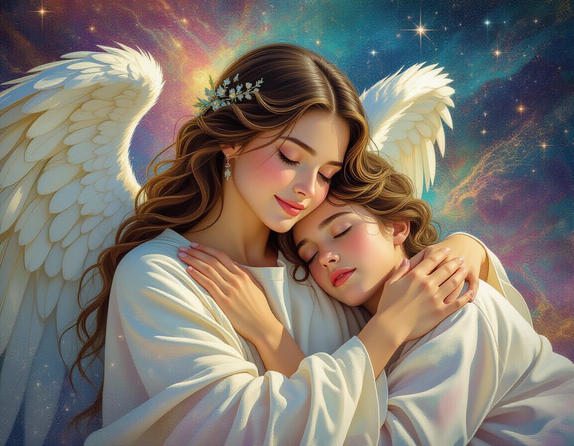 Guardian Angel Protecting Dreamer in Cosmic Art