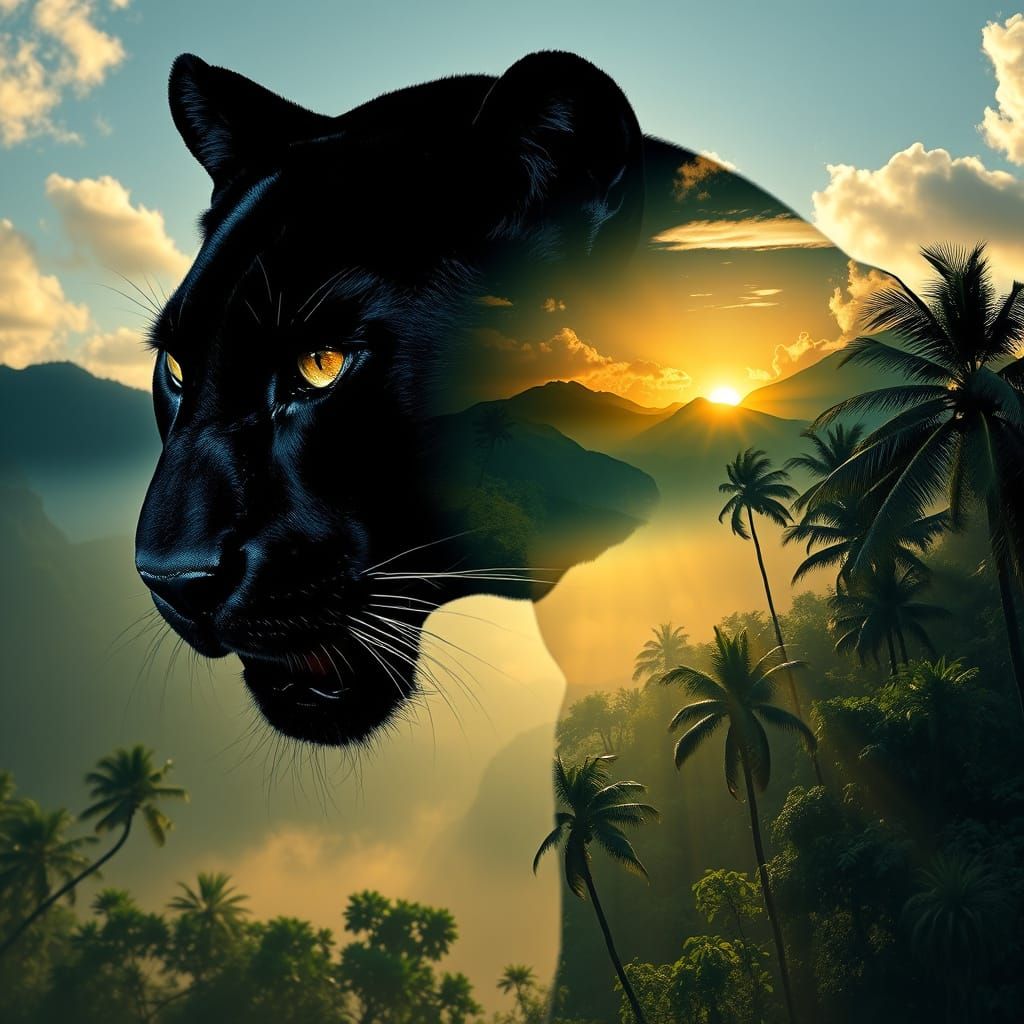 Panther Silhouette Merged With Tropical Sunrise