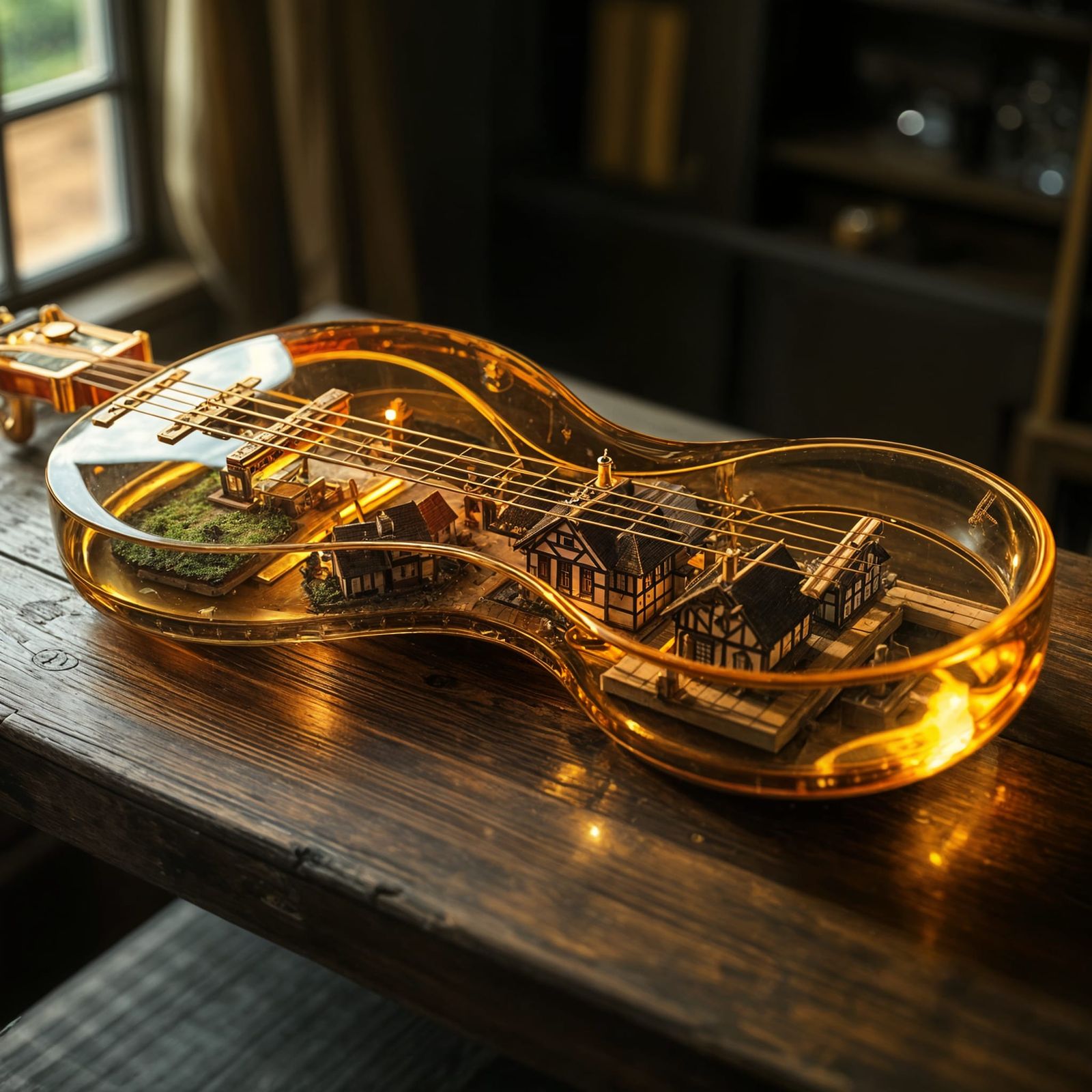 Golden Glass Guitar with Village Inside