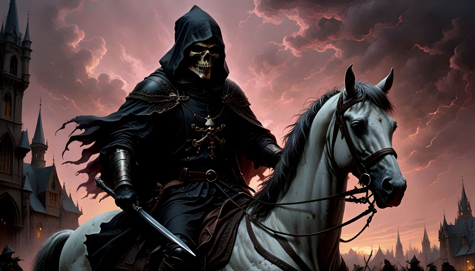 Grim Reaper on Horse in Pink Tones, Rembrandt Style