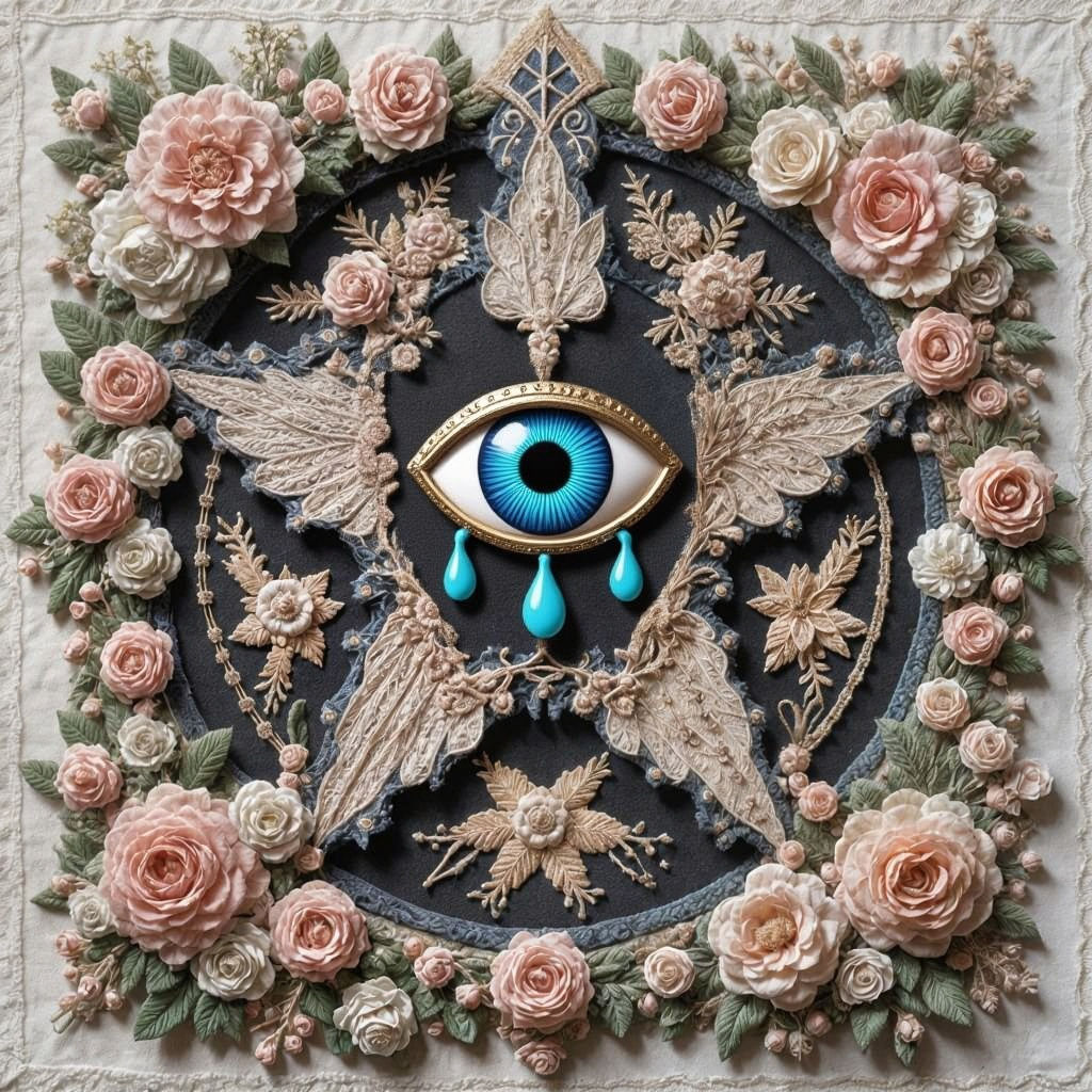 Intricate Embroidery Collage of Gothic Occult Symbolism