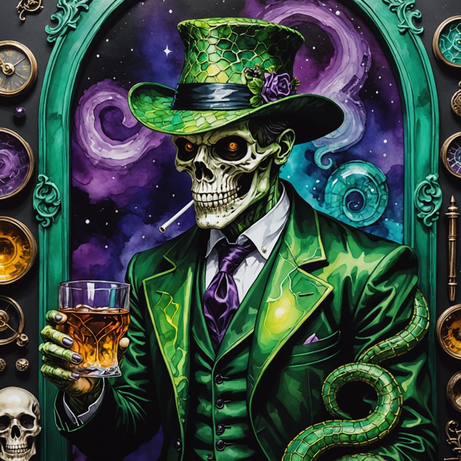 Serpentine Detective in Sinister Alcohol Ink Fantasy