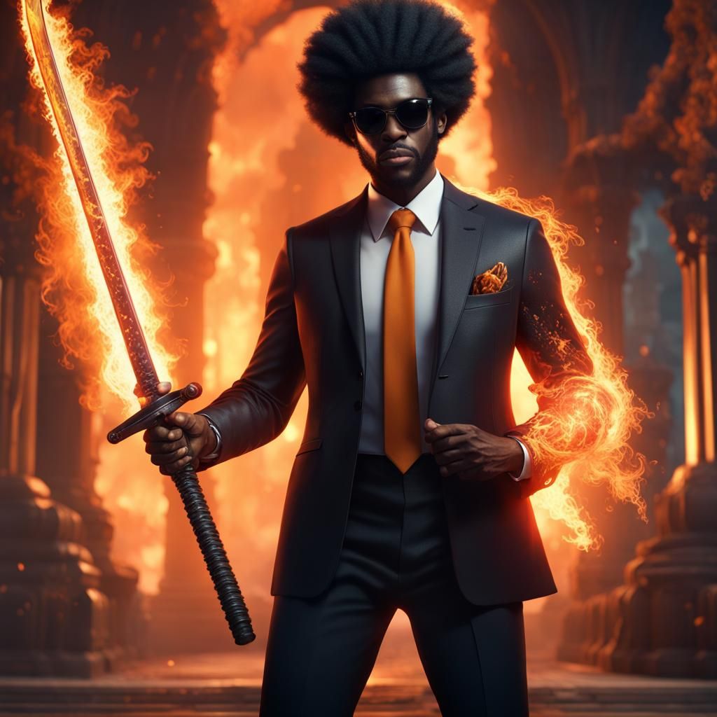Flaming Katana Held by Man with Afro: Fantasy Art