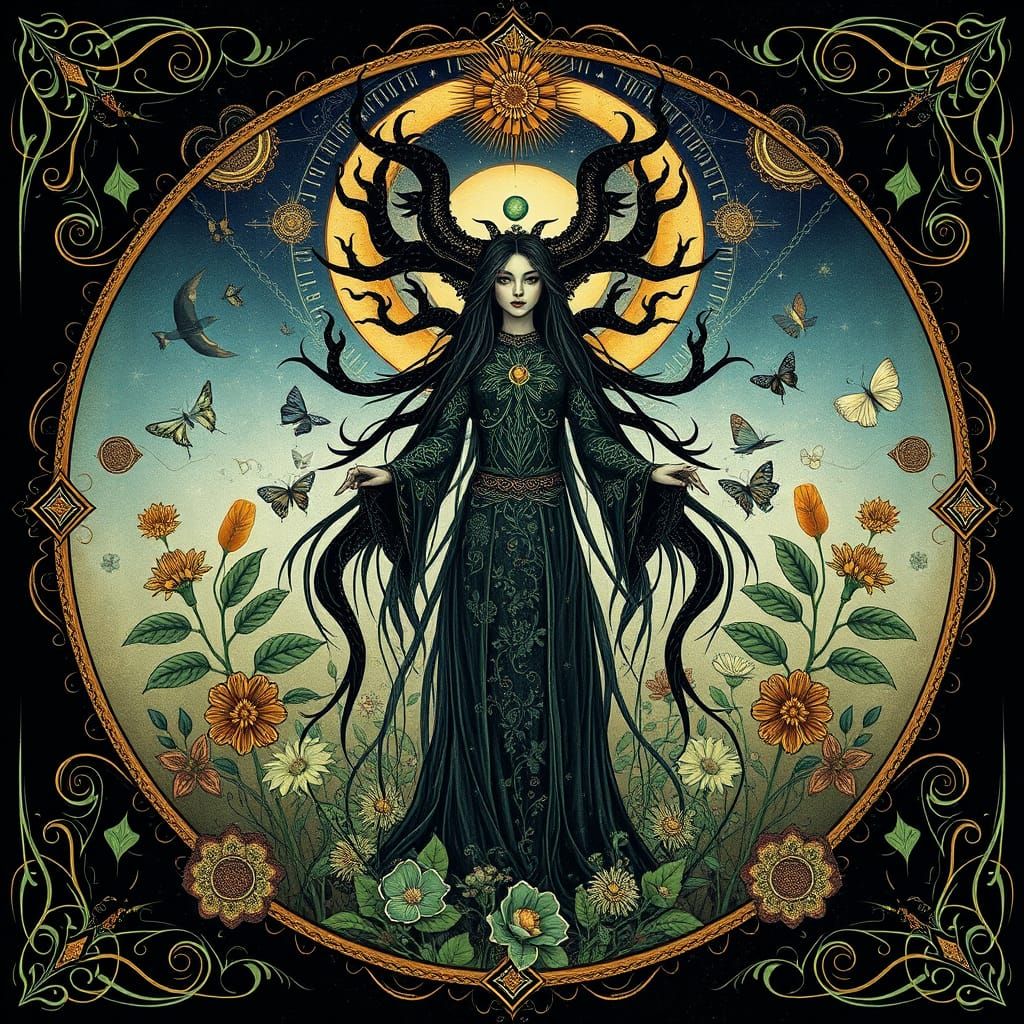 Triple Goddess of Hope and Resilience in Mystical Botanicals