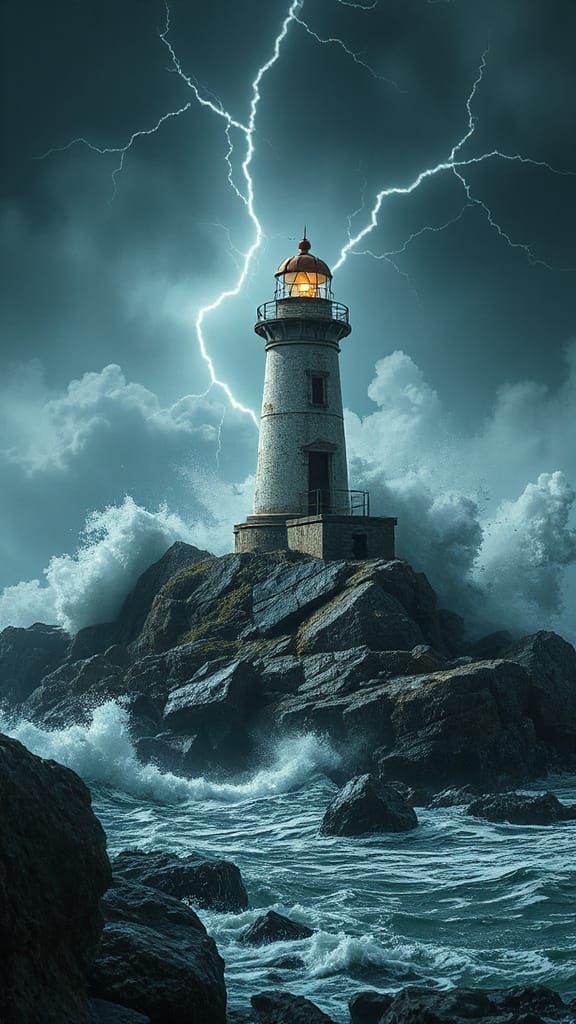 A lone lighthouse stands on a rocky promontory, battered by relentless waves during a ferocious storm. Lightning illumin...