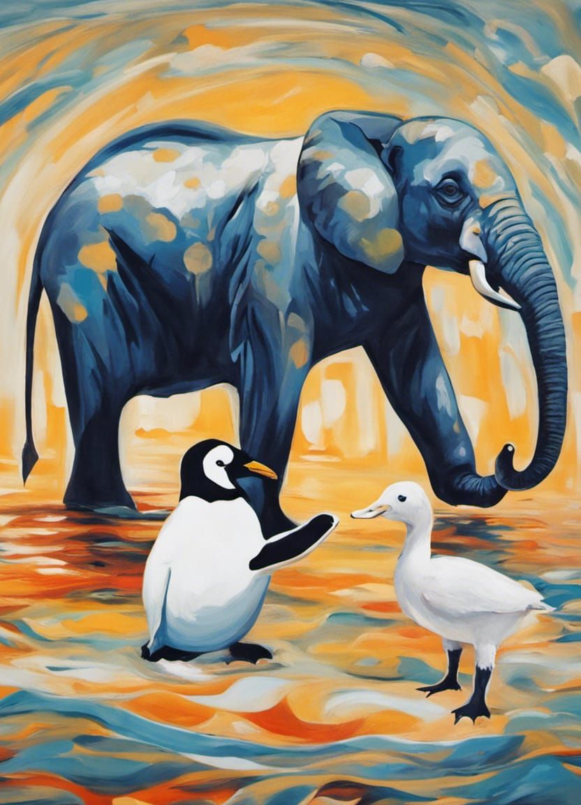 Elephant, Penguin, and Duck Play: Abstract Art