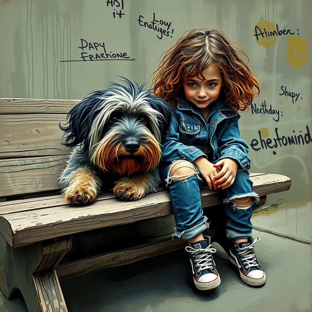 Expressive Oil Painting of a Whimsical Dog and Girl on a Wea...