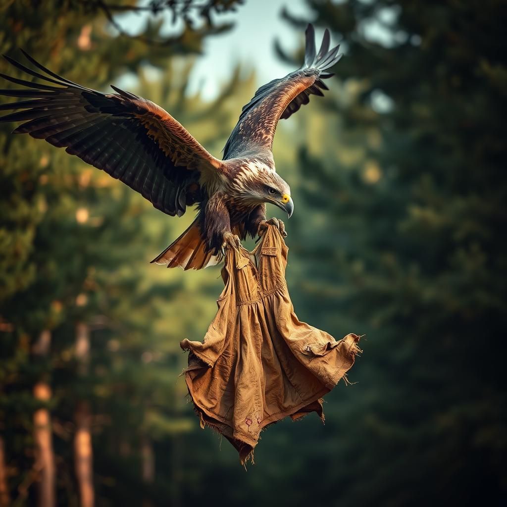 Eagle Soaring Above Forest with Dress: Cinematic Photography