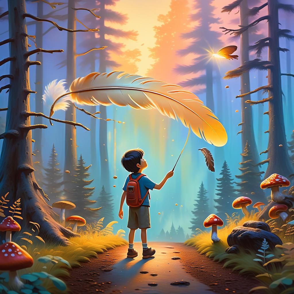 Fantasy Forest Creatures Adore a Flying Feather in Warm Gold...