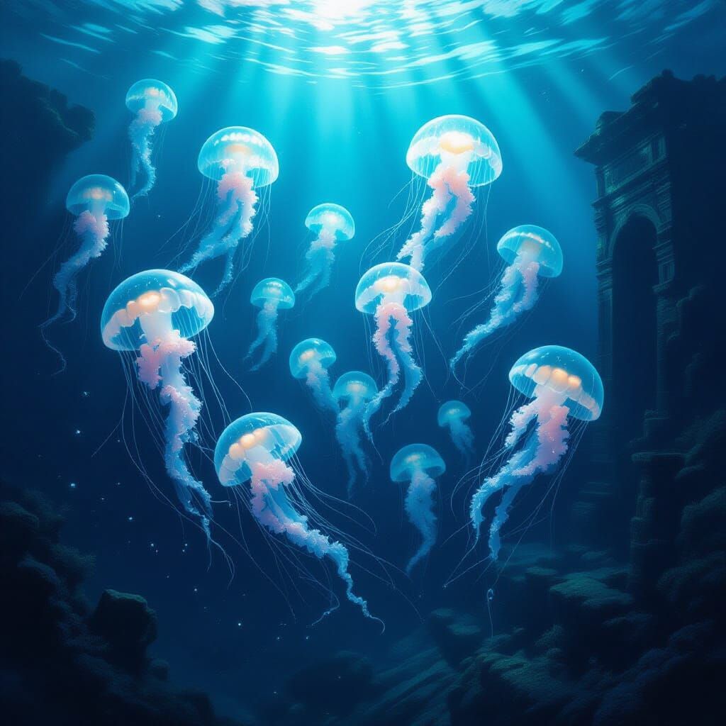 Luminous Jellyfish Drifting Through Ocean Trench