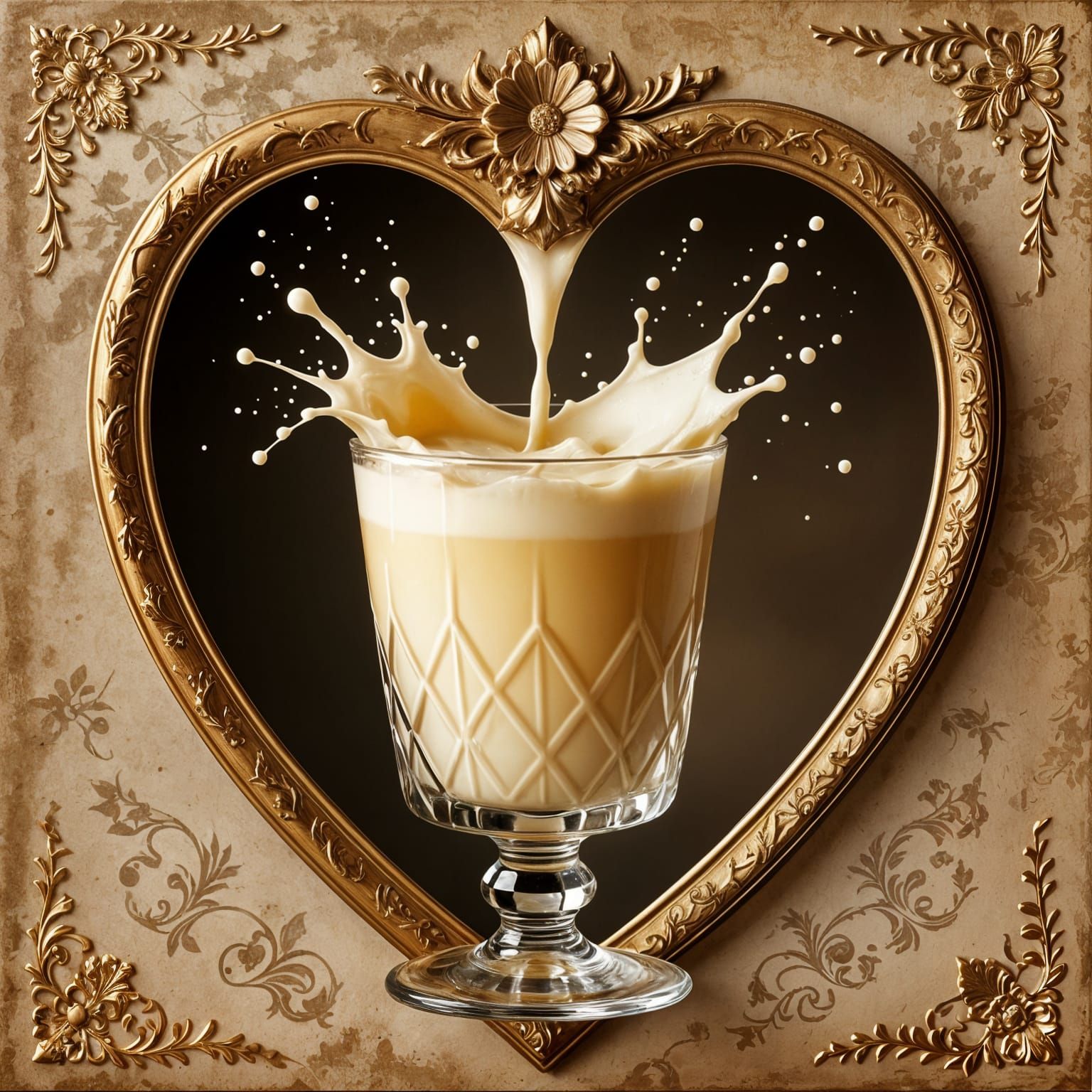 Cocktail Erupts from Heart Frame in Sepia Tones