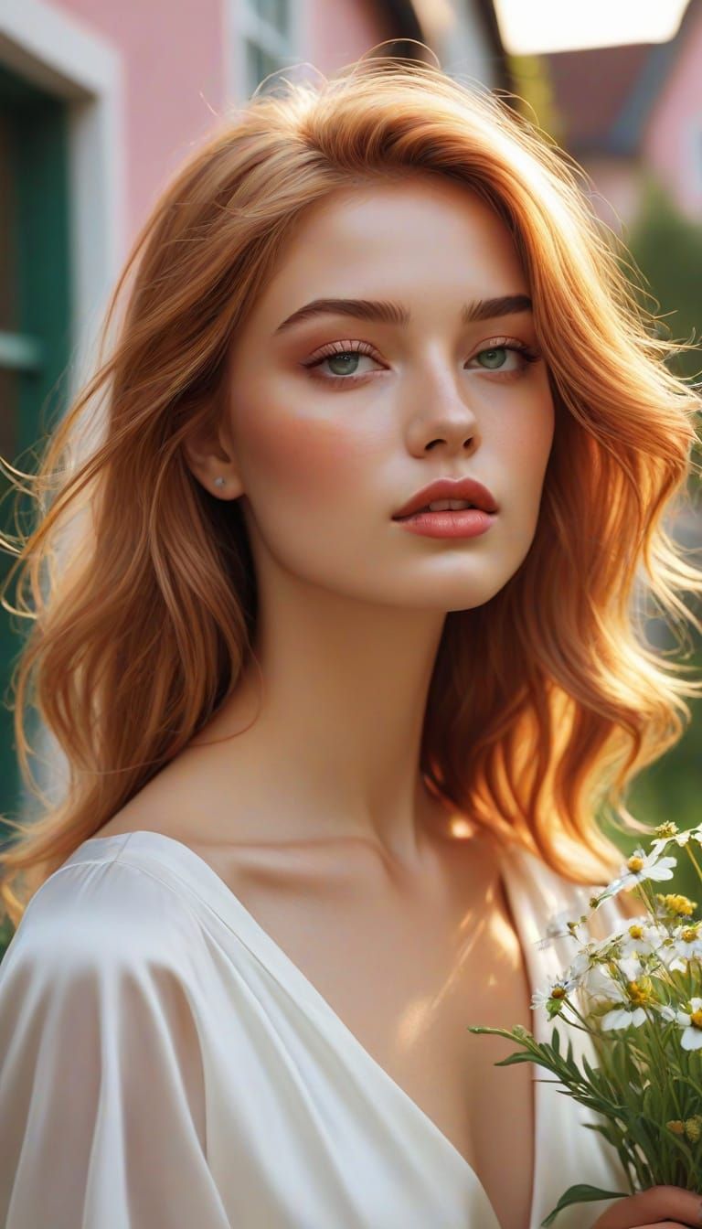 Elegant Woman in White Dress with Flowing Red Hair