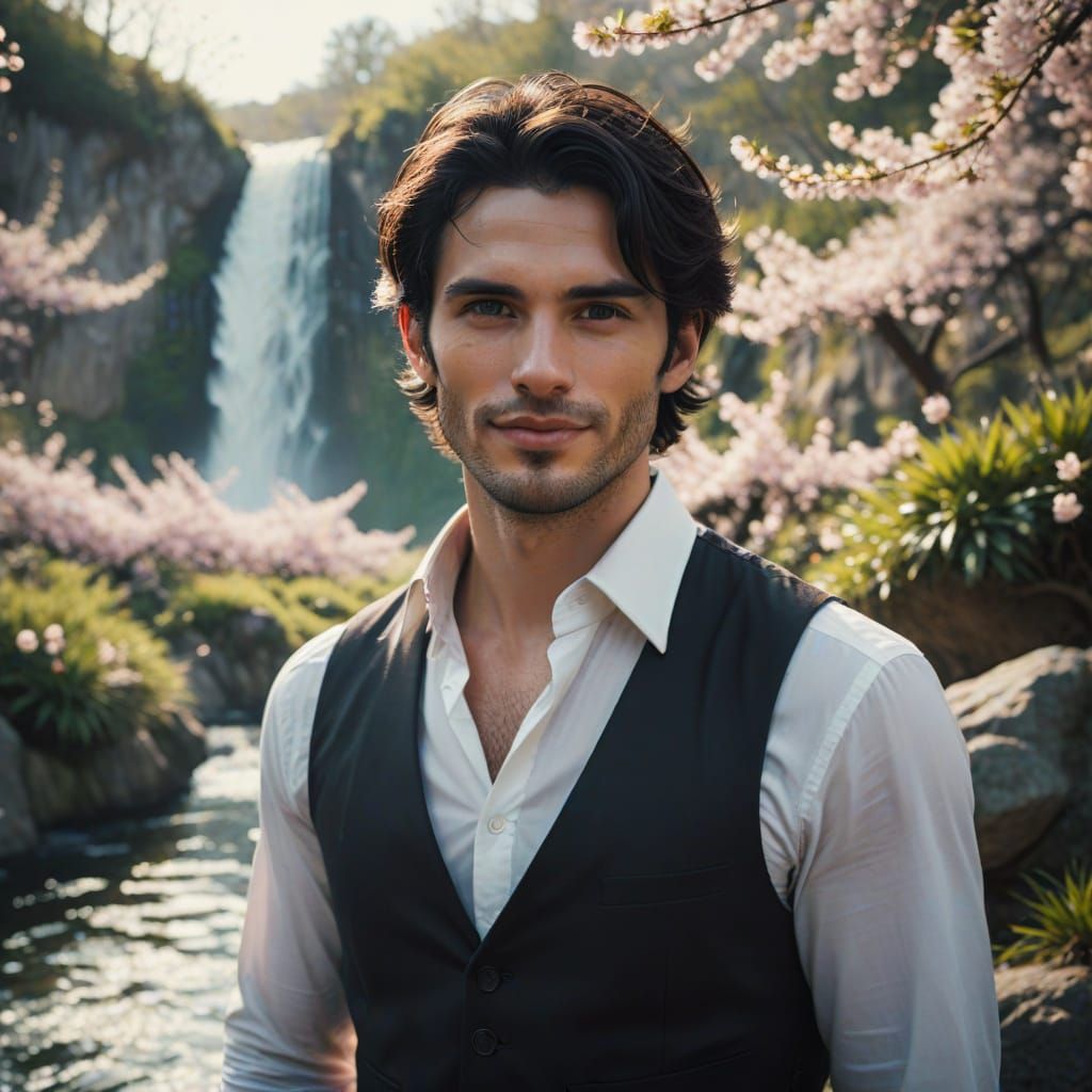 Young Man in Cherry Blossoms with Waterfall Background