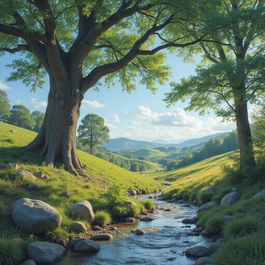 Enchanting Fantasy Landscape with Oak Trees and Streams