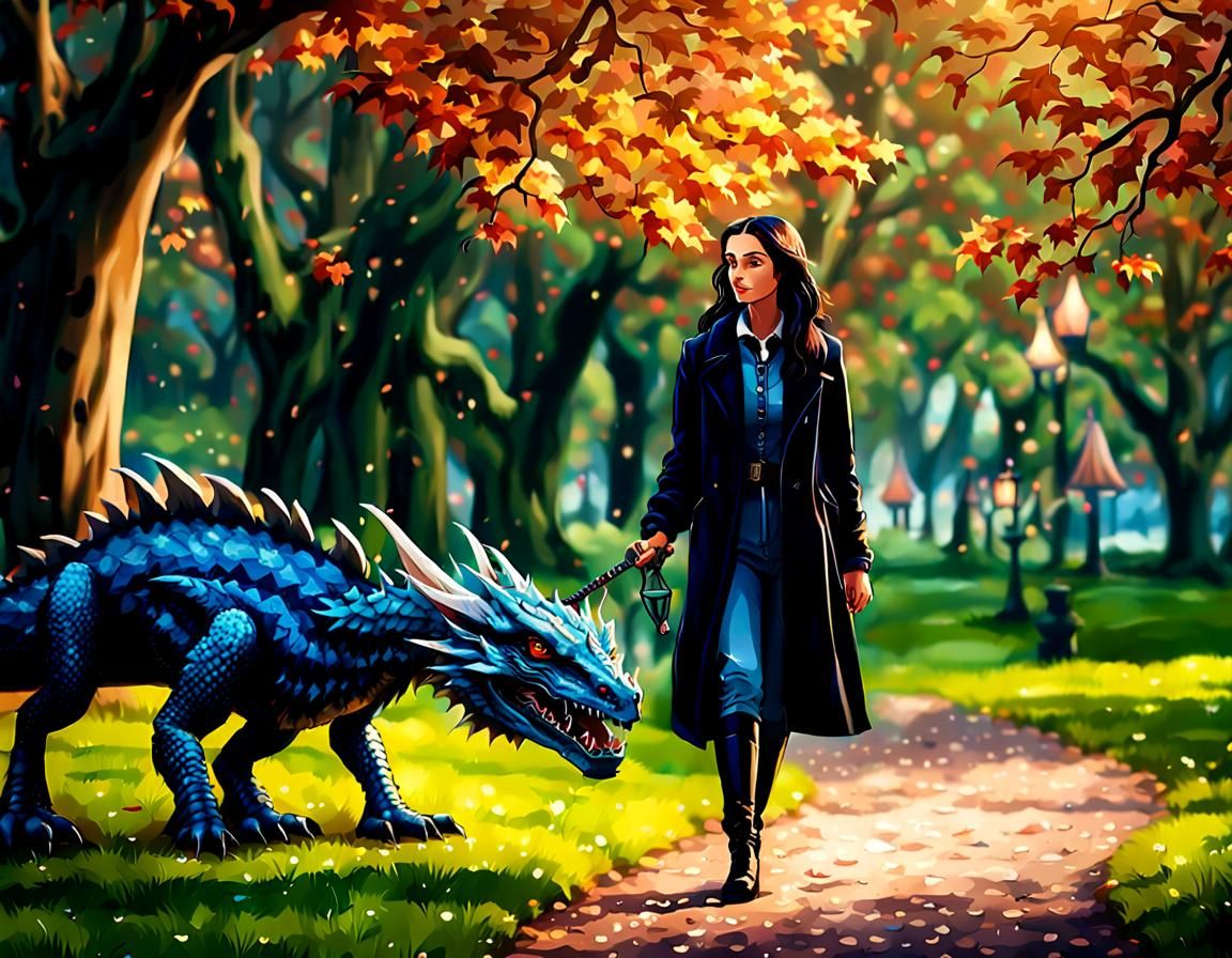 Woman and Dragon Stroll in the Park
