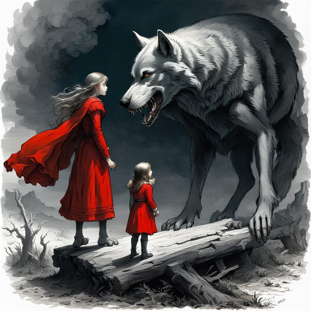 Girl and Guardian Wolf in Dramatic Lighting