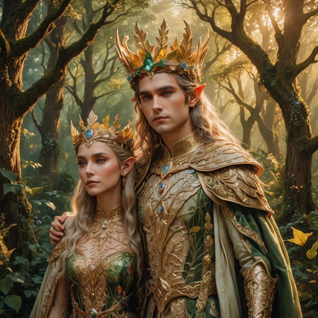 Elf King and Queen in Lush Forest