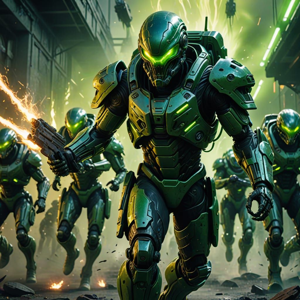 Biomechanical Alien Army Assault with Plasma Rifle