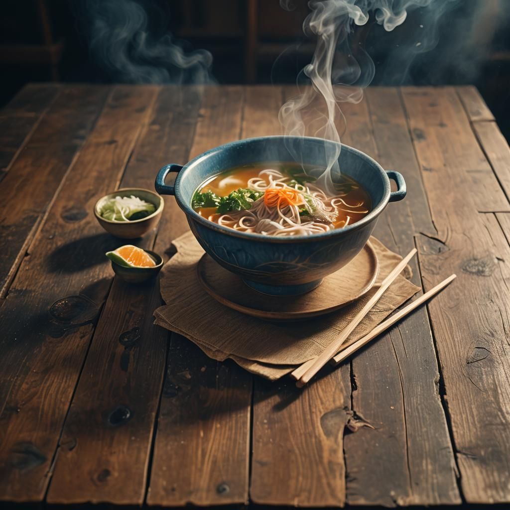Cinematic Bowl of Pho with Steamy Atmosphere