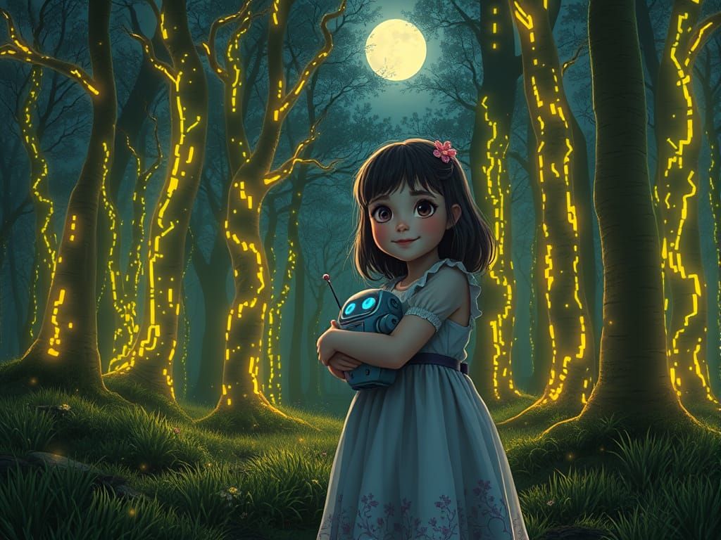 Serene Forest with Neon Trees and Girl Hugging Android