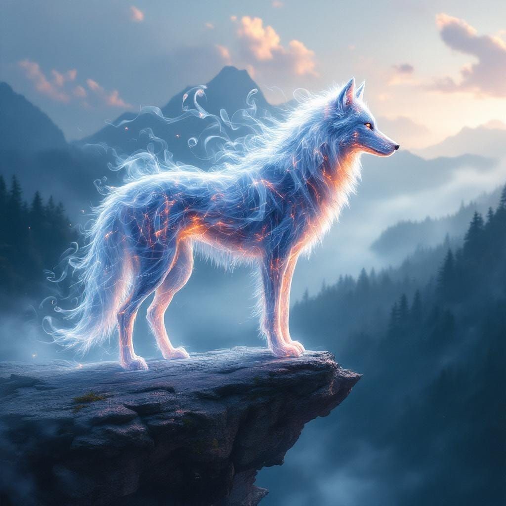Ethereal Smoke Wolf on Cliff in Bierstadt Style