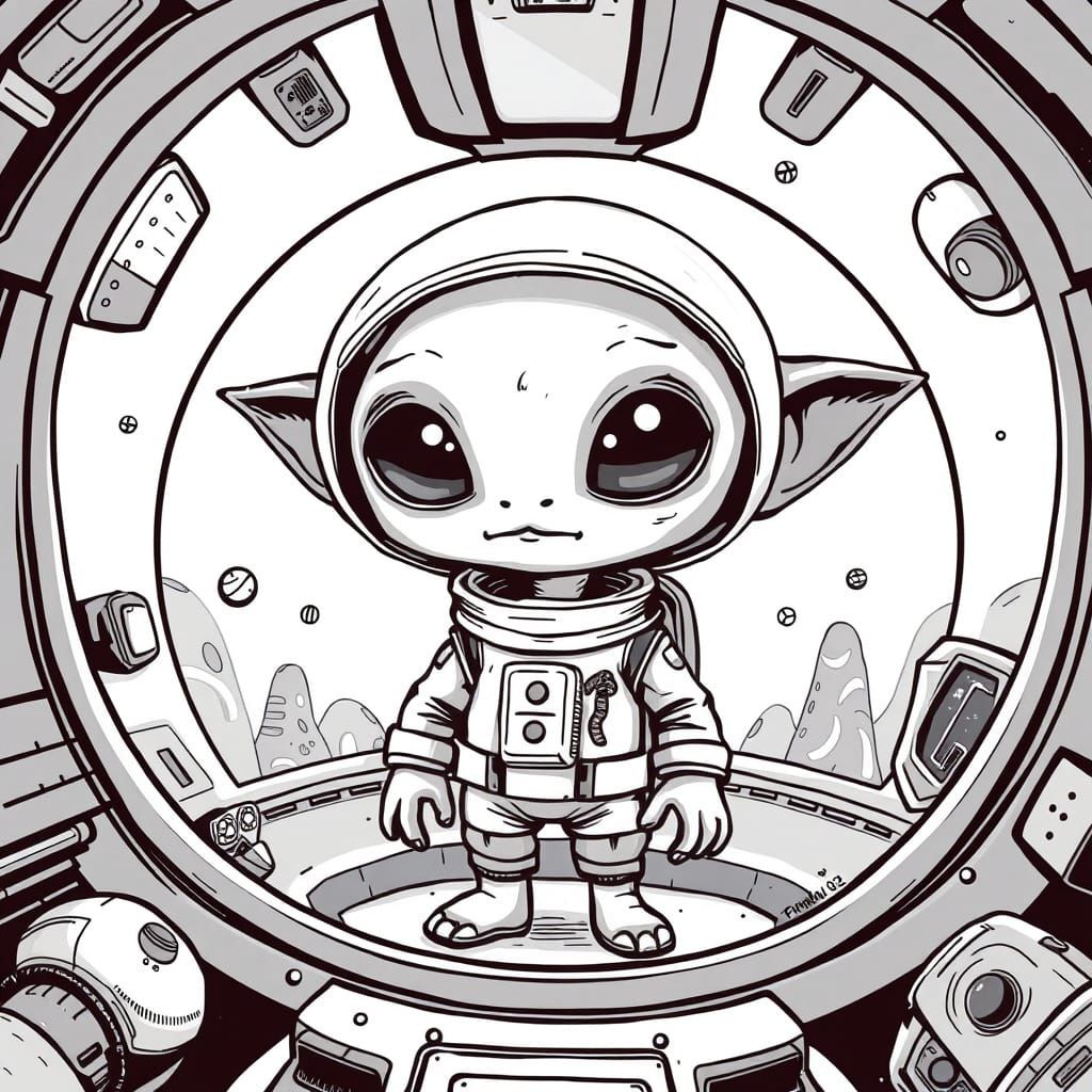 Whimsical Black and White Alien Spaceship Illustration