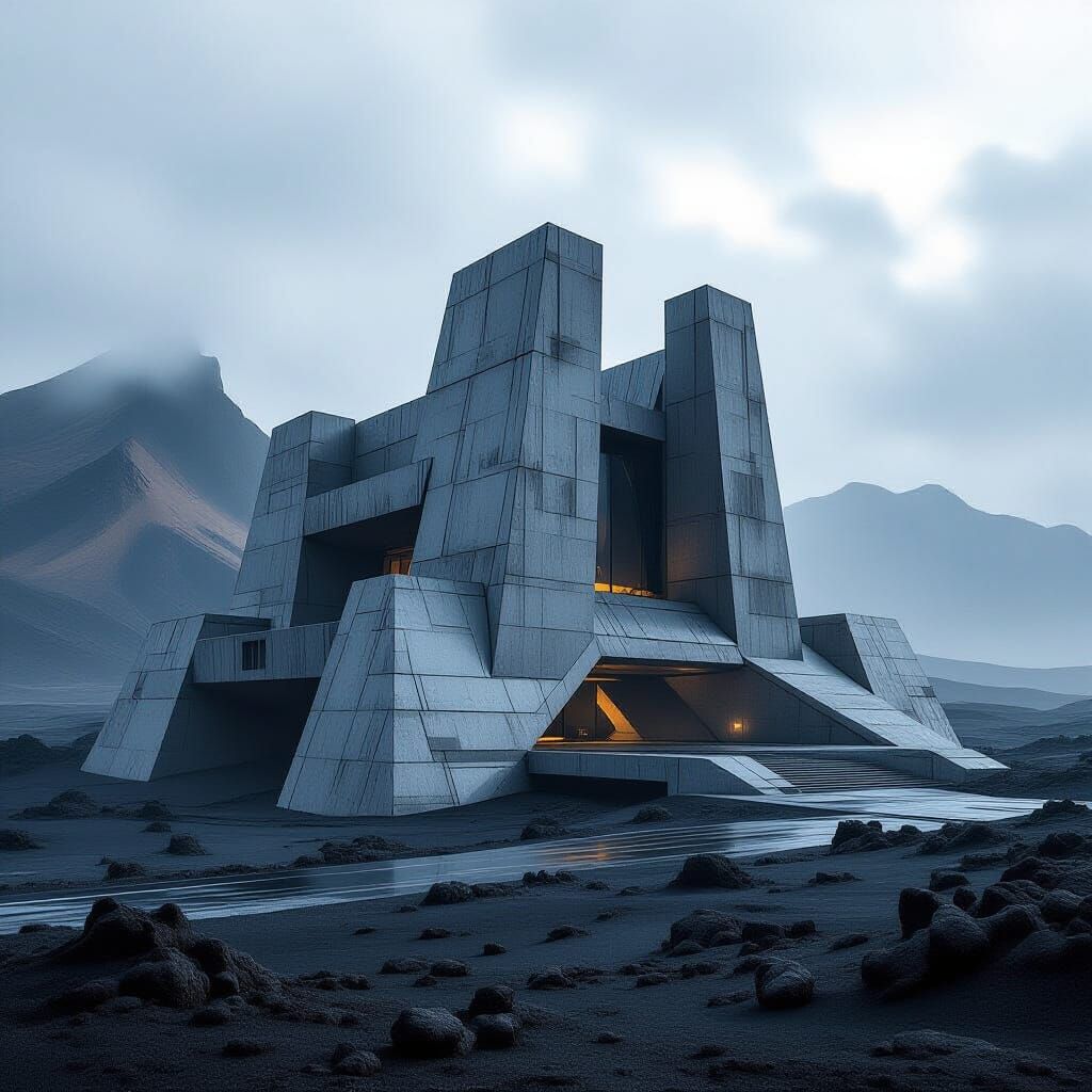 Brutalist Fortress Among Volcanic Mountains