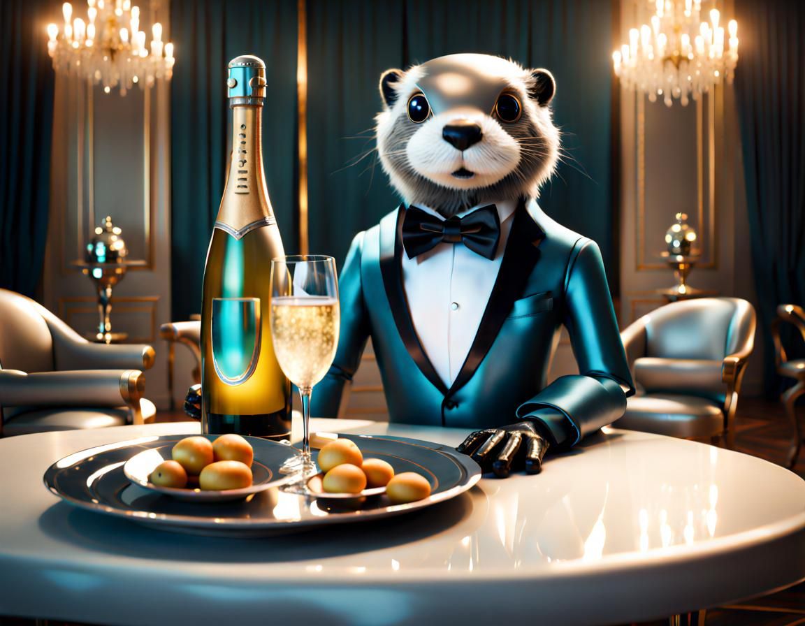 Futuristic Otter Robot Butler Serving Champagne