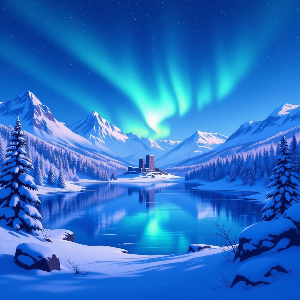 Winter Landscape with Aurora Borealis in Manga Style