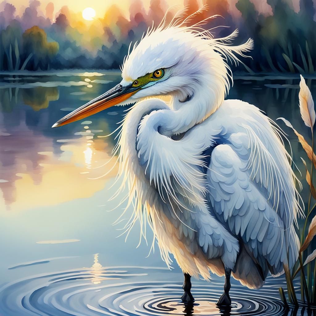 Watercolor Egret Portrait at Sunset in Pastel Hues