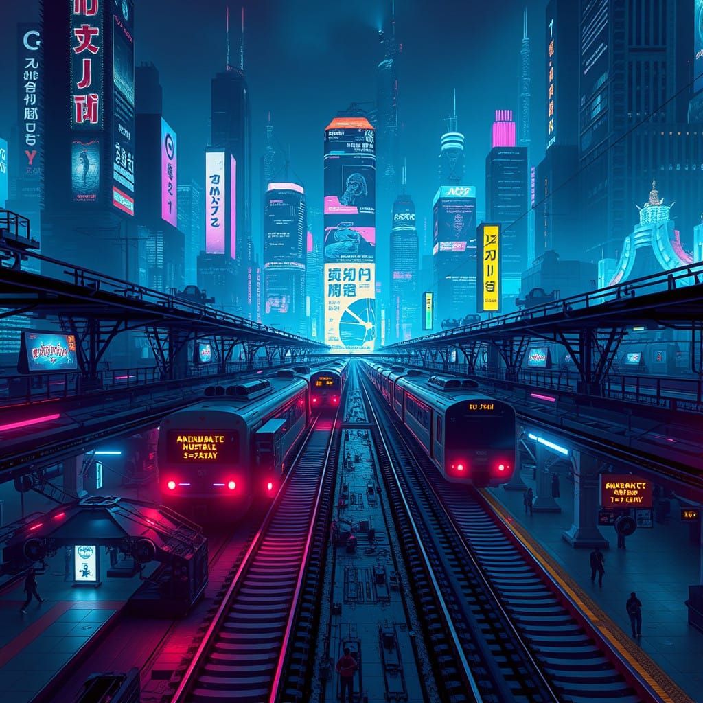 Neon Futuristic Train Station in Cyberpunk Cityscape