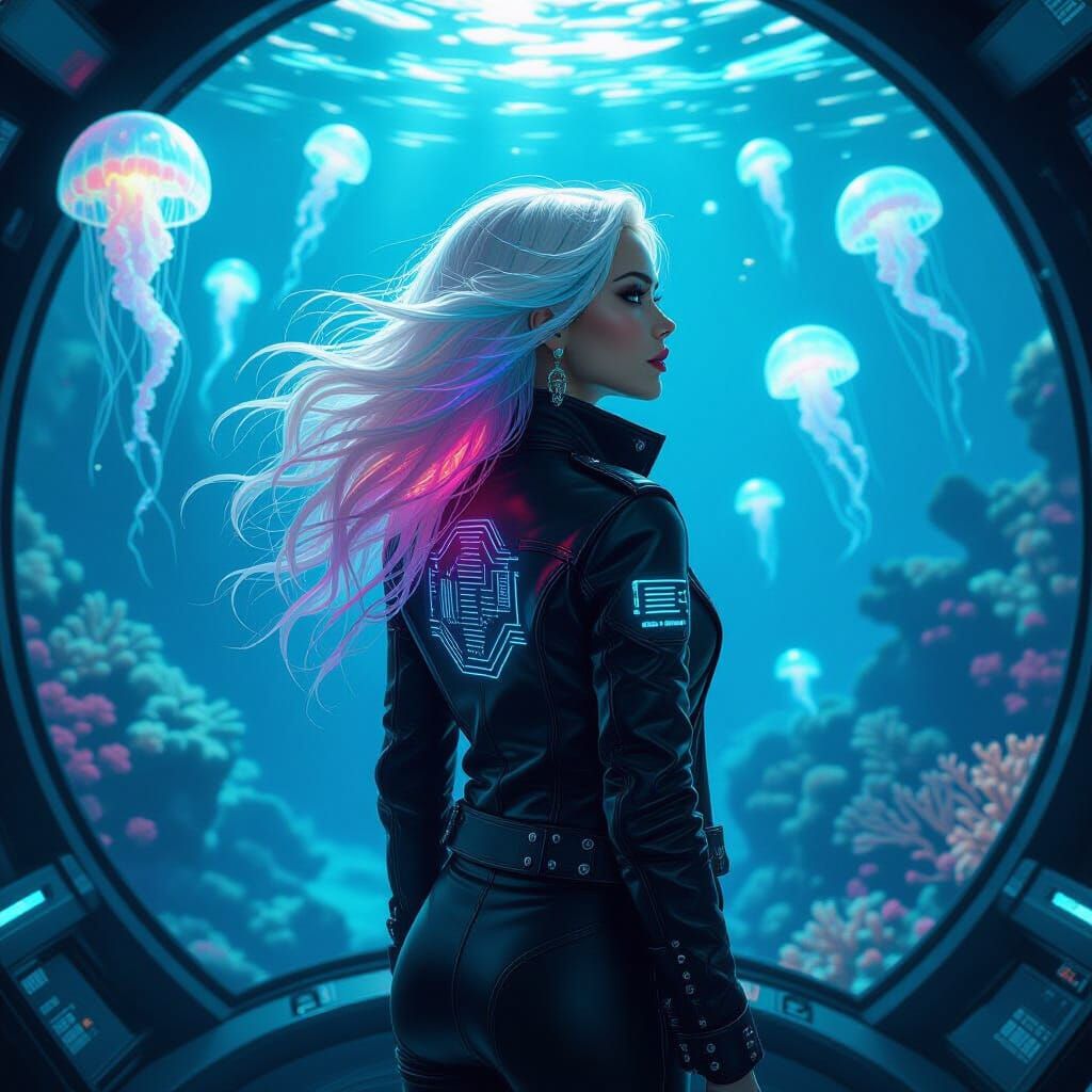 Bioluminescent Woman on Submarine in Alien Ocean