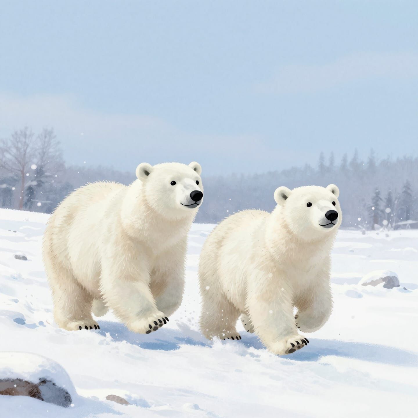 Adorable Polar Bears in Snowy Winter Landscape Illustration