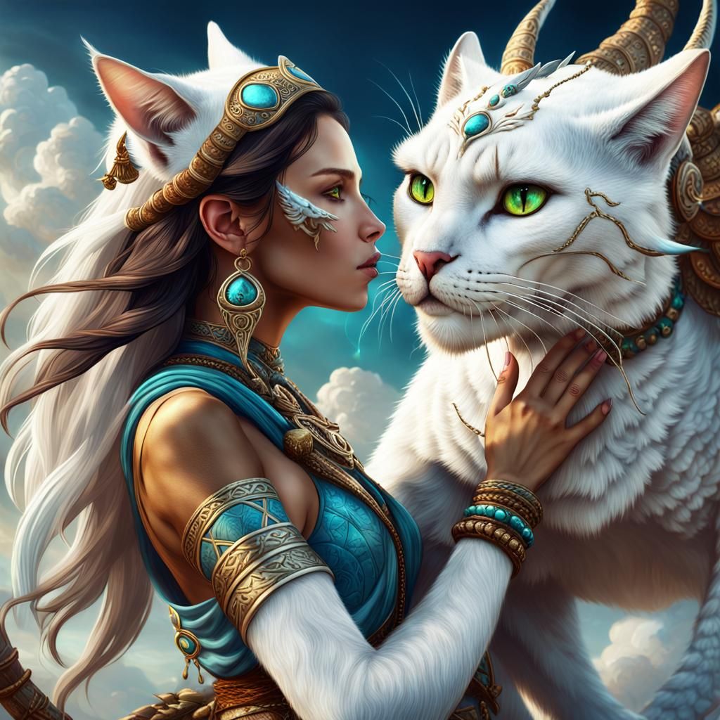 Cat Dragon Shaman Woman with Flying Dragons