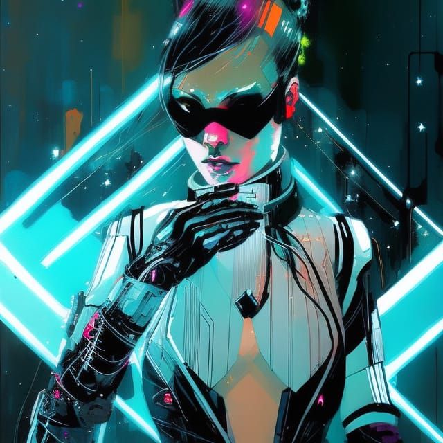 Cartoon Cyberpunk Woman Portrait in Oil on Canvas