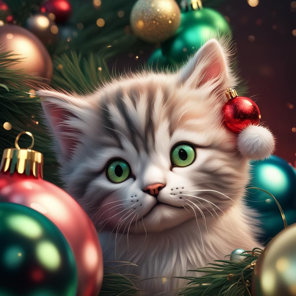 Adorable 3D Christmas Kitten in Hyperrealistic Style
