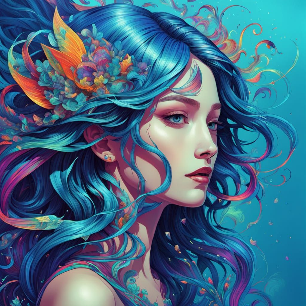 Surreal Mermaid Dives Through Fractal Ocean in Neon Dreamsca...