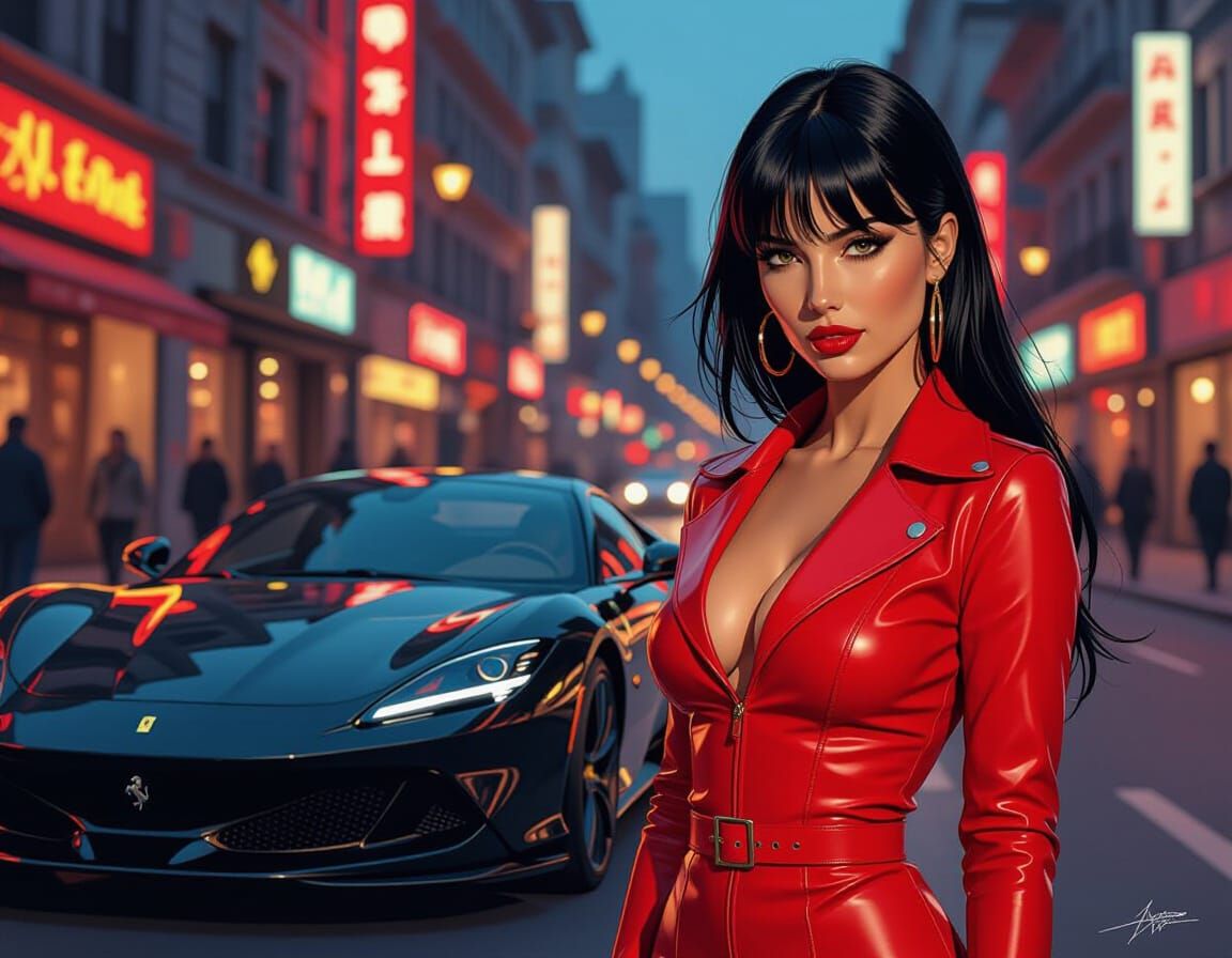 Italian Woman with Ferrari in Mid-Century Comic Art