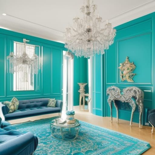 Mermaid themed penthouse with turquoise, Blue,Green,teal colored walls& Silver frames& Silver mirrors& elegant blue furn...