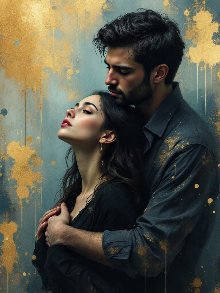 Melancholic Embrace in Klimt-Inspired Art Nouveau Style