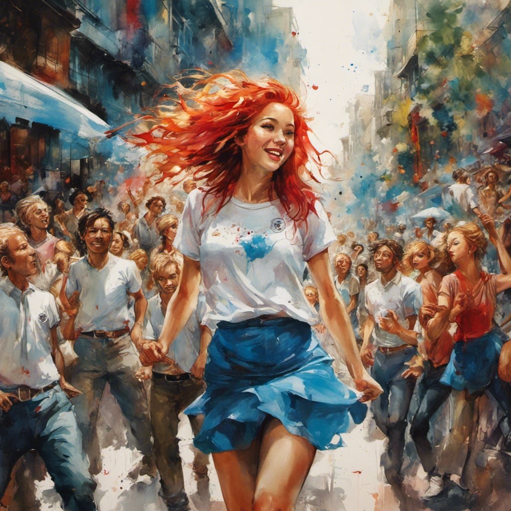 Joyful Redhead Dancing: Silkscreen Watercolor Street Scene