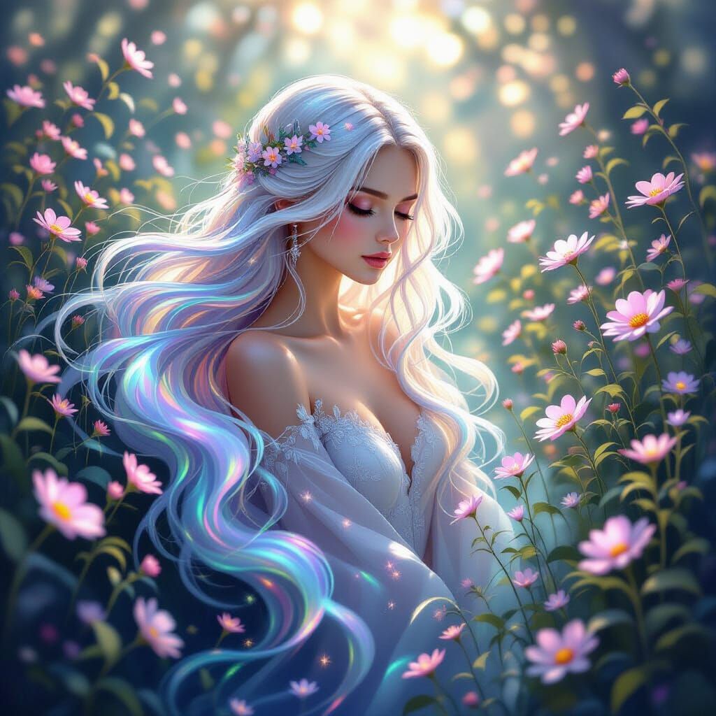 Ethereal Fairy with Luminous Hair and Wildflowers