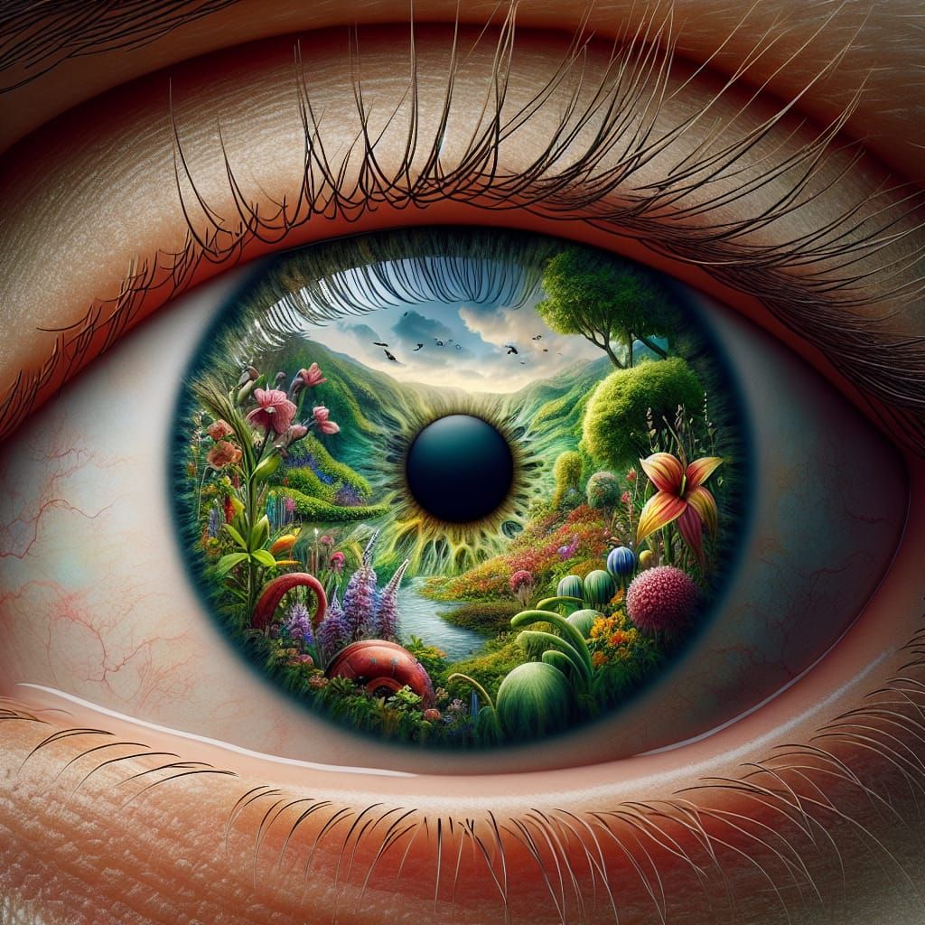 Hyperrealistic Eye Reveals a Floral Landscape