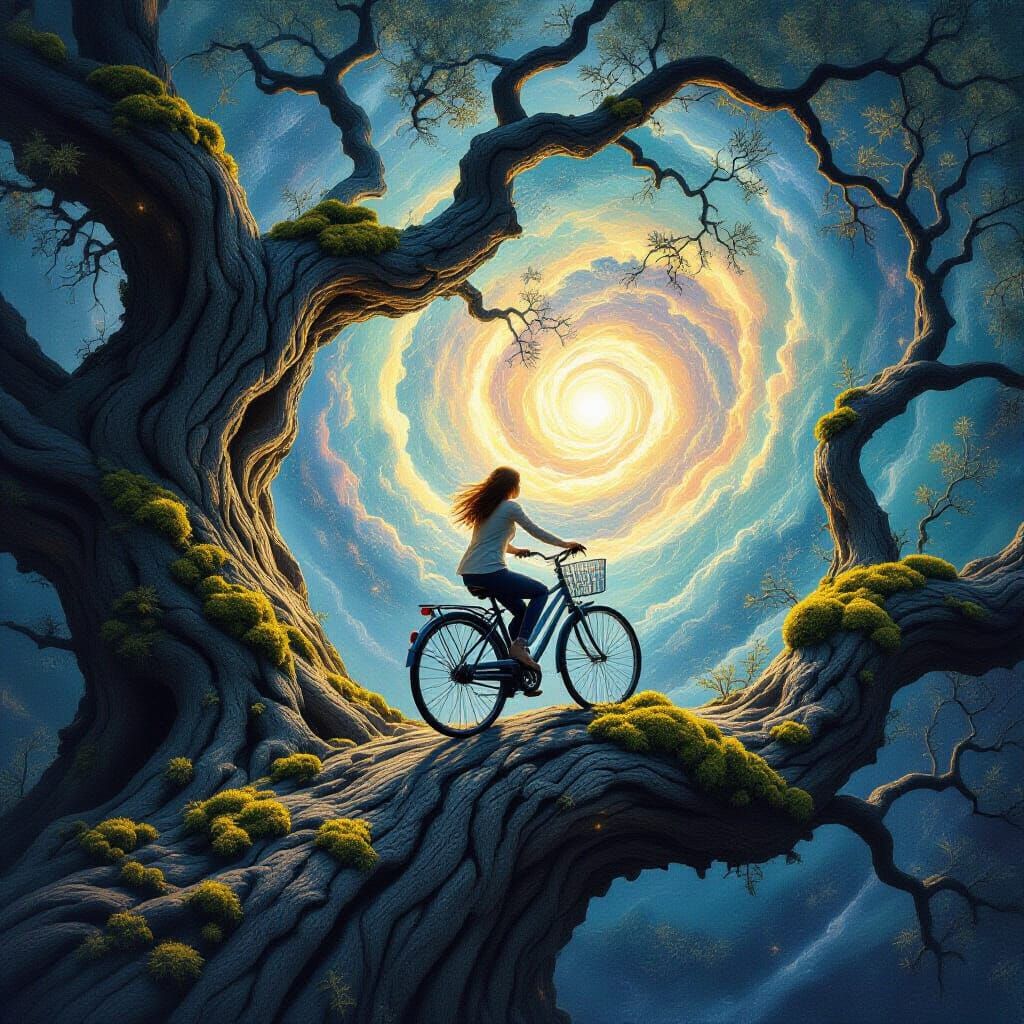 Surreal Woman Cycles Into Cosmic Nebula in Impasto Style