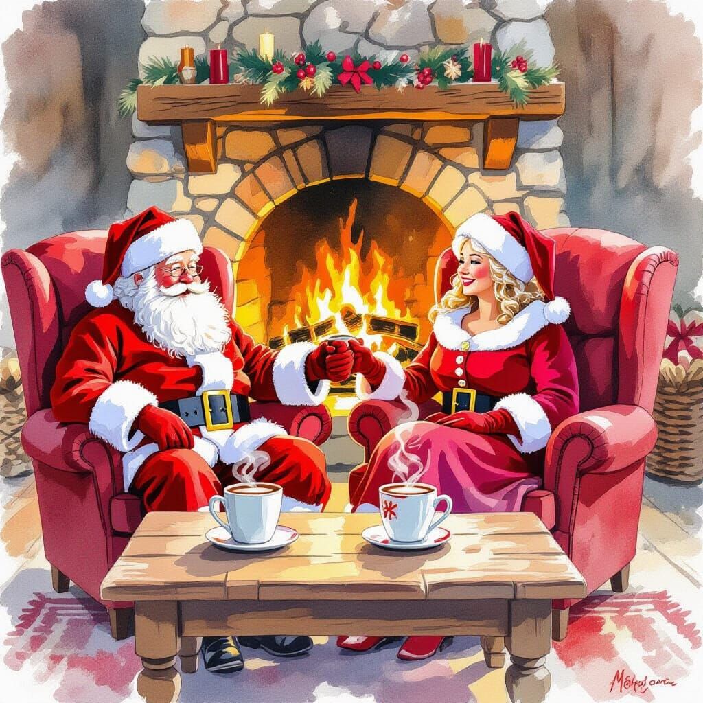 Santa and Mrs. Claus Enjoying Cocoa by Fireplace