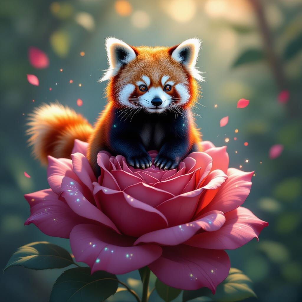 Red Panda with Cosmic Dust on Giant Rose in Splash Art Style
