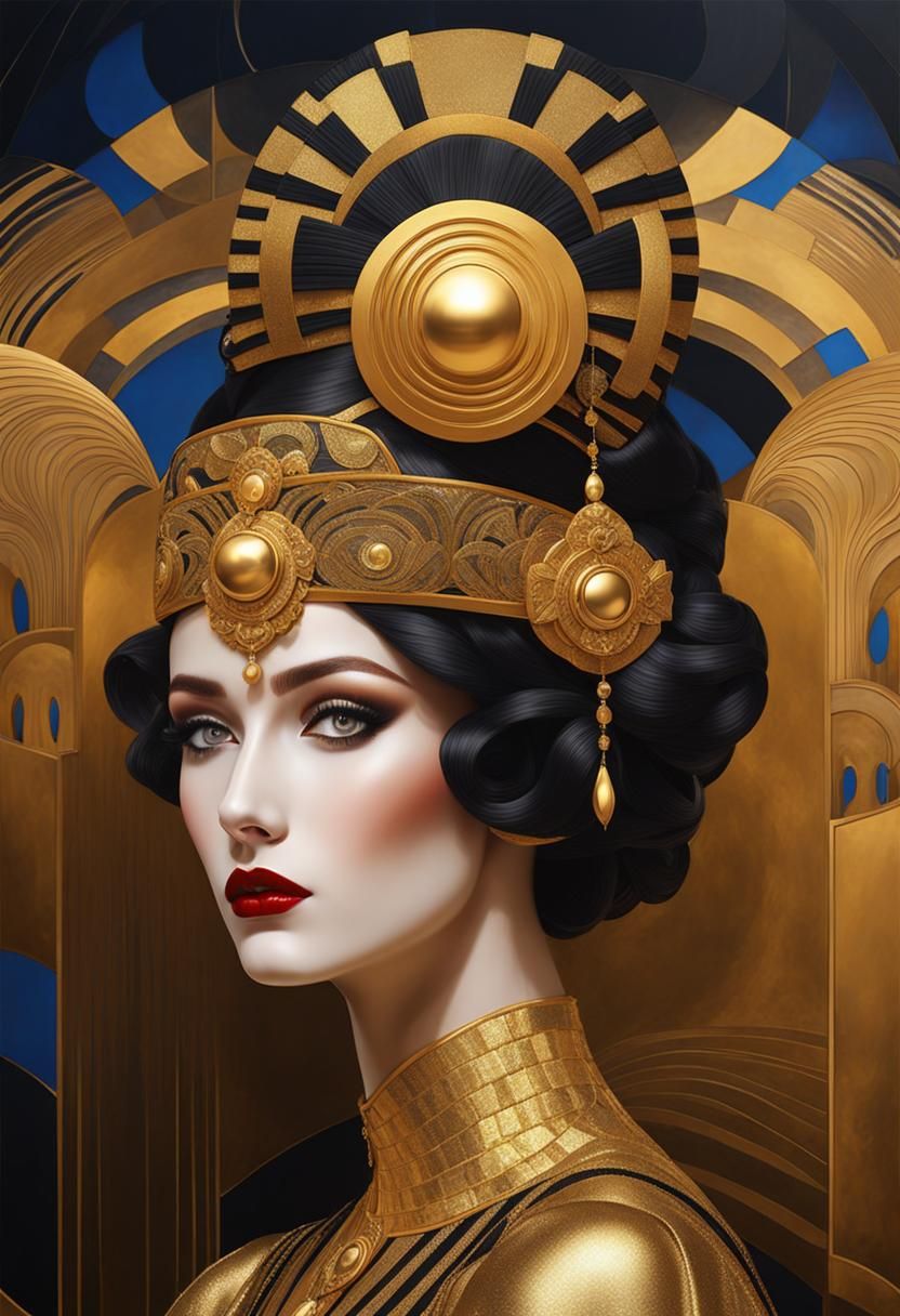 Art Deco Woman with Golden Dress and Black Hat