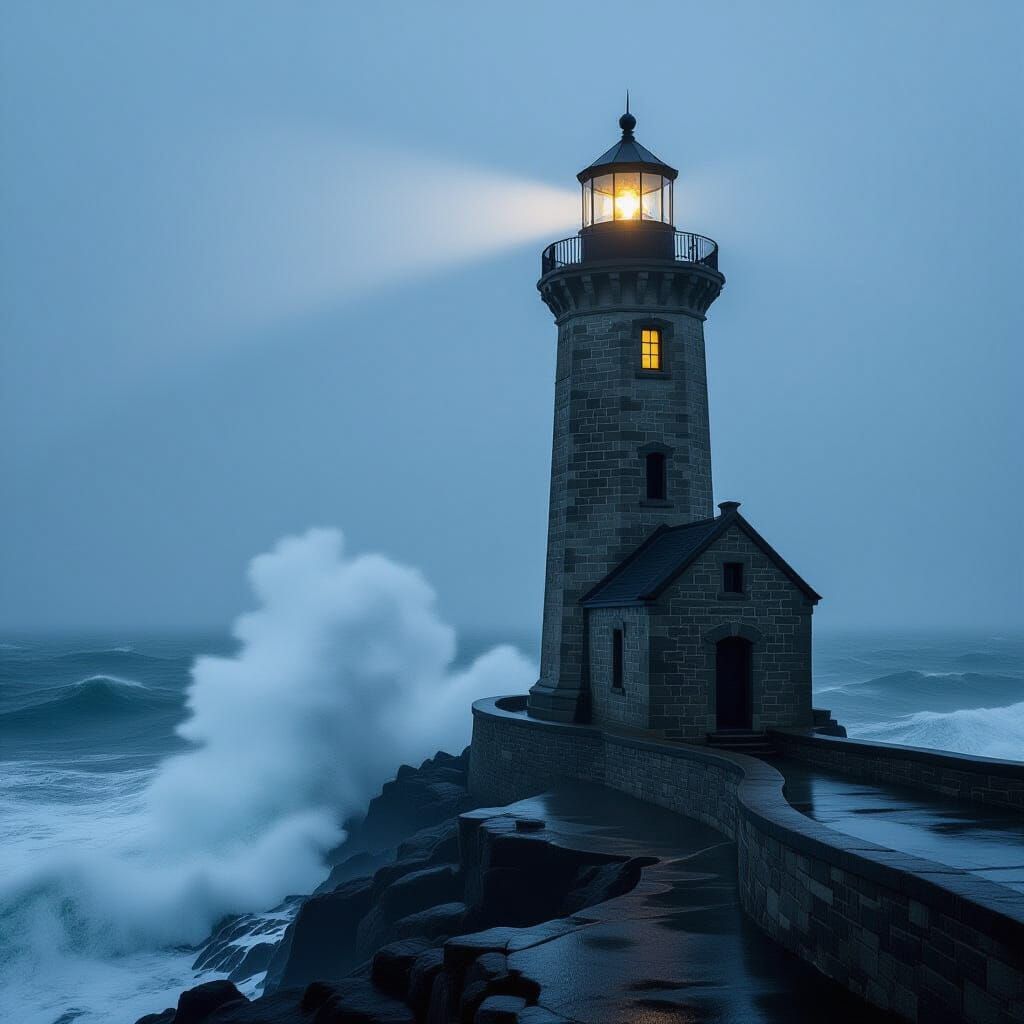 Weathered Lighthouse Against Stormy Seas, Painterly Style