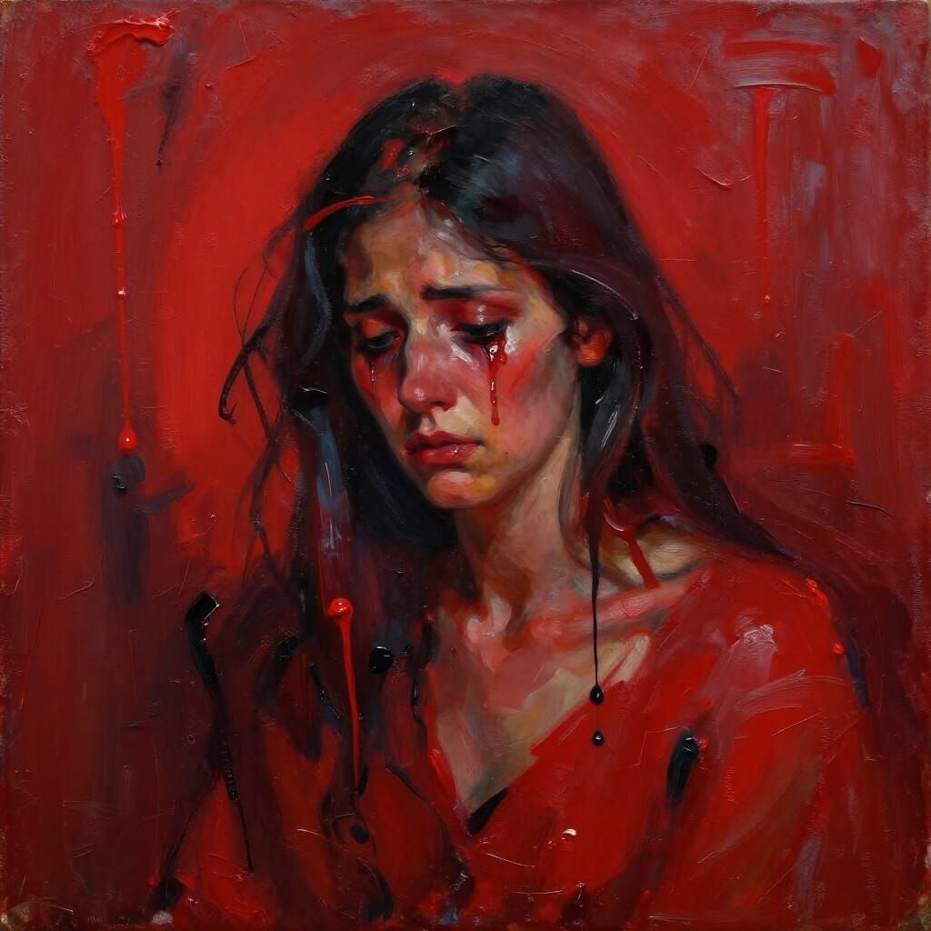 Mother Grieves in Red Room Abstract Expressionist Oil Painti...