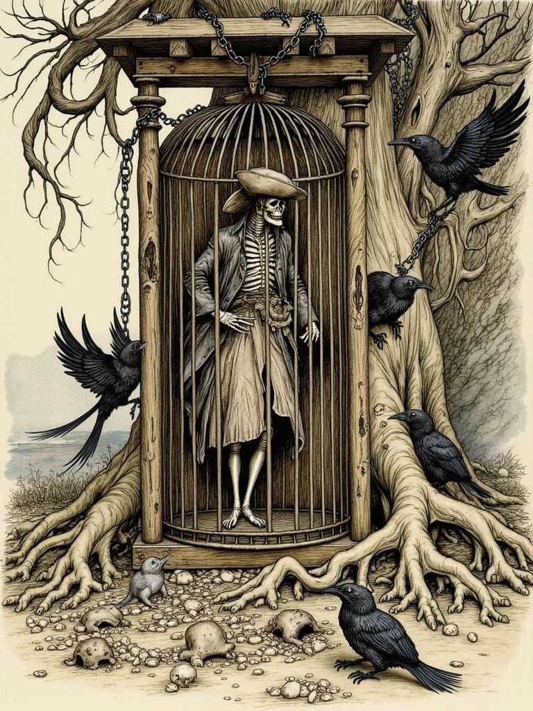 Pirate Skeleton in Cage, Arthur Rackham Style